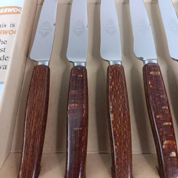 6 Vintage Mid Century Glosswood Stainless & Wood Tea Fruit Knives Cutlery 6.5" - Picture 2 of 9